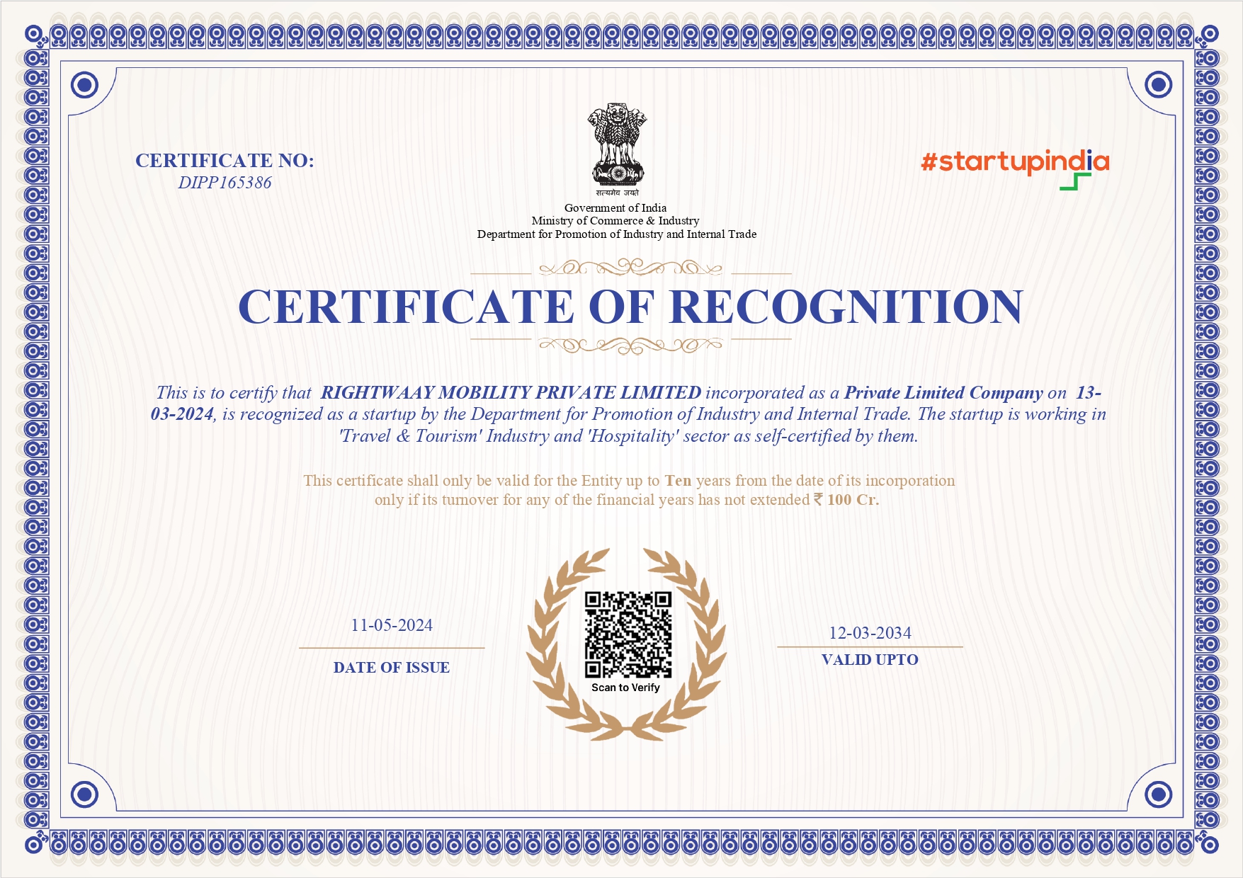 Government-recognized startup certificate in travel and tourism - Rightwaay Mobility.